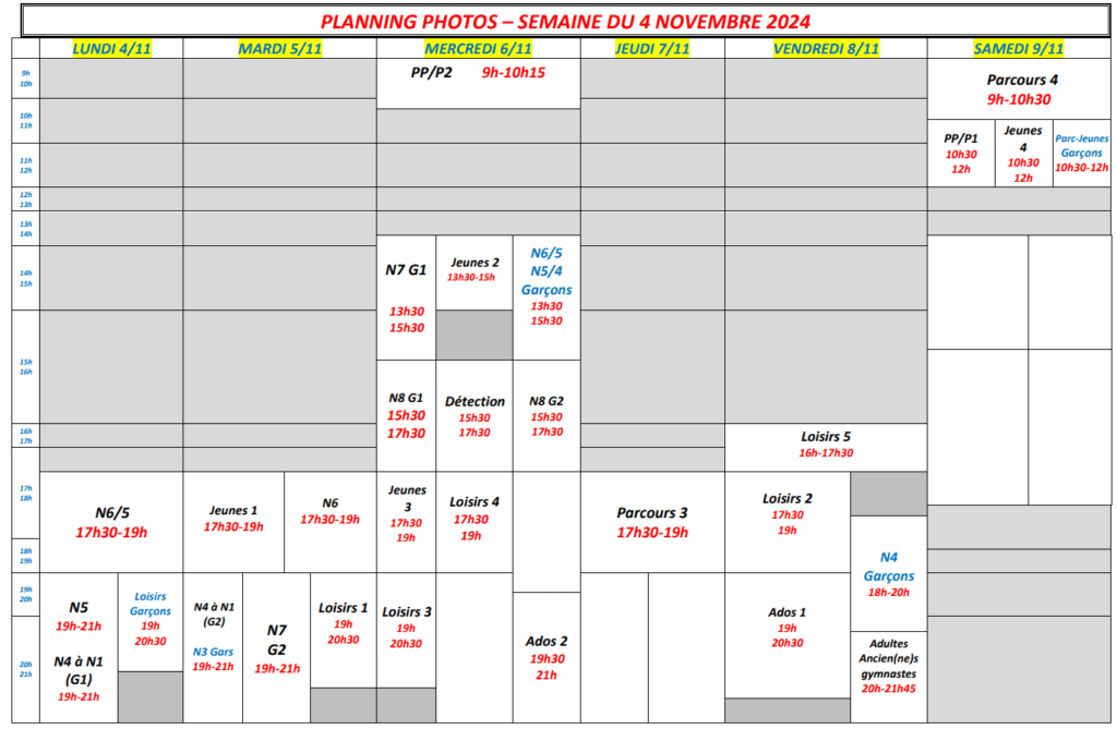 planning photographe par niveau